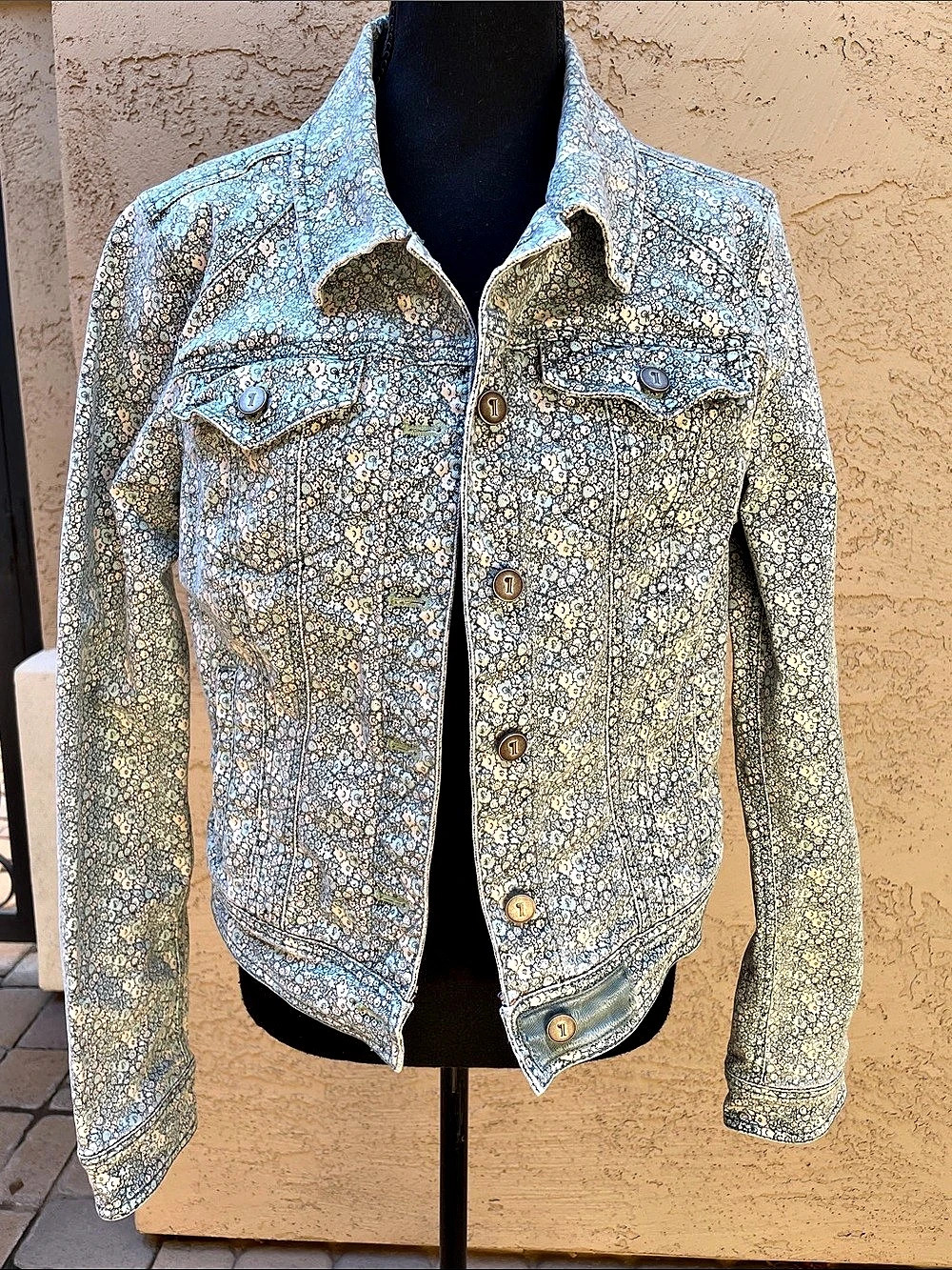 Anthropologie Pilcro Floral Jean Jacket in Blue & Green Size Medium